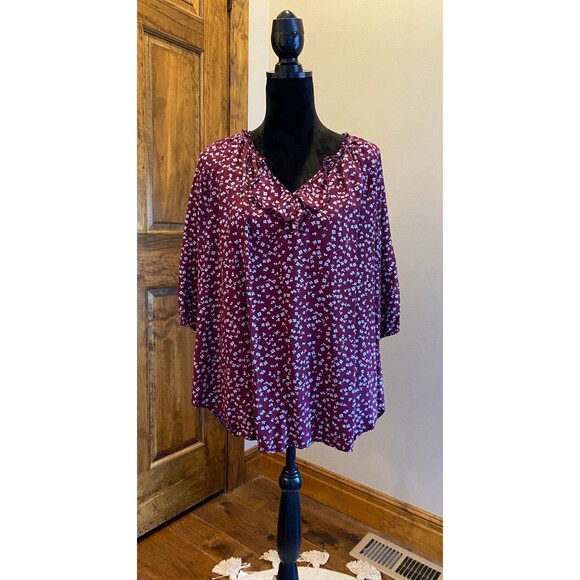 A.N.A. Boho Peasant Womens Plus Size XL Burgundy Patterened Blouse Top - Picture 10 of 10